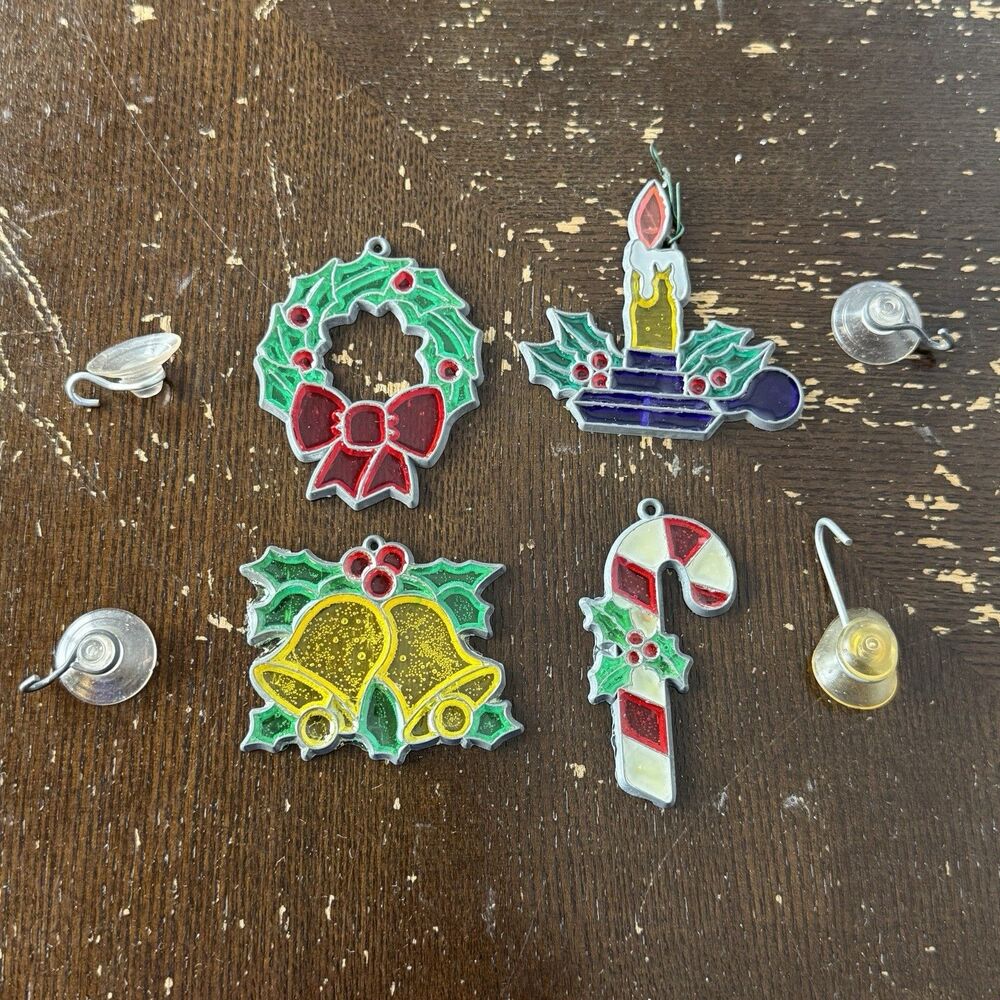 Vintage Stained Glass Suncatcher Christmas Lot Of 4 Window Decor w Hangers